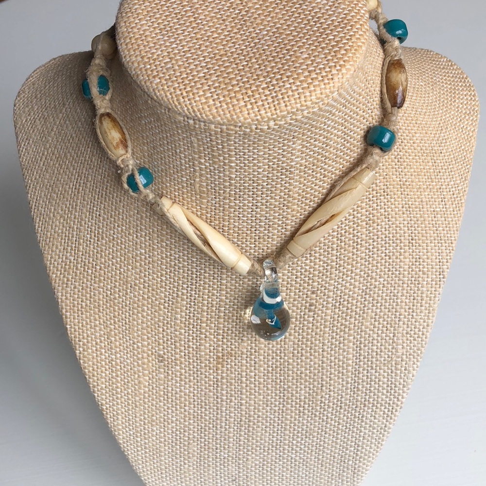 Vintage | 90s Y2K Glass Mushroom Hemp Bead Choker